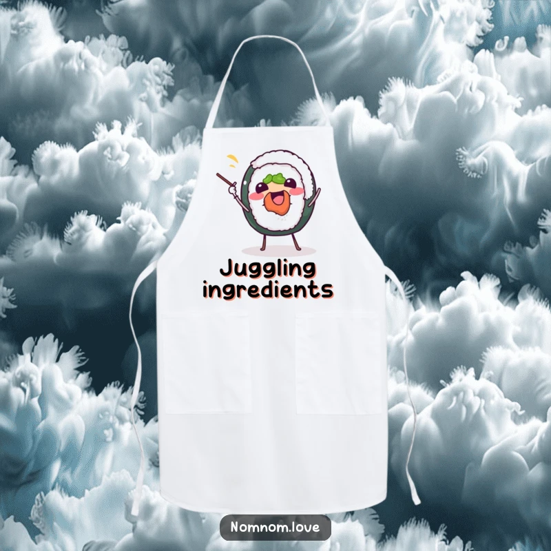 Funny sushi roll apron, cheerfully juggling chopsticks, a humorous and practical accessory for any kitchen.