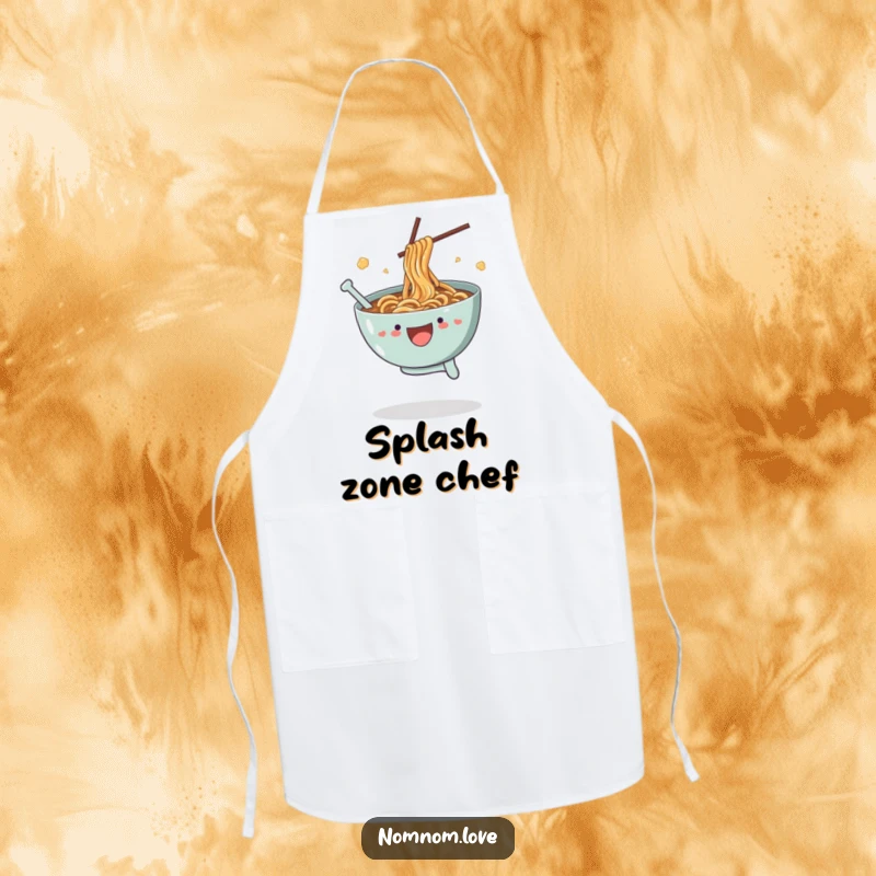 Funny Ramen Apron: A joyful ramen bowl leaps and splashes broth, a hilarious and practical accessory for any foodie in the kitchen.