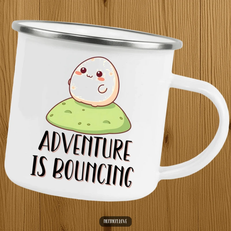 Funny Mochi Camping Mug showcasing a happy mochi rolling down a hill, ideal for outdoor enjoyment.