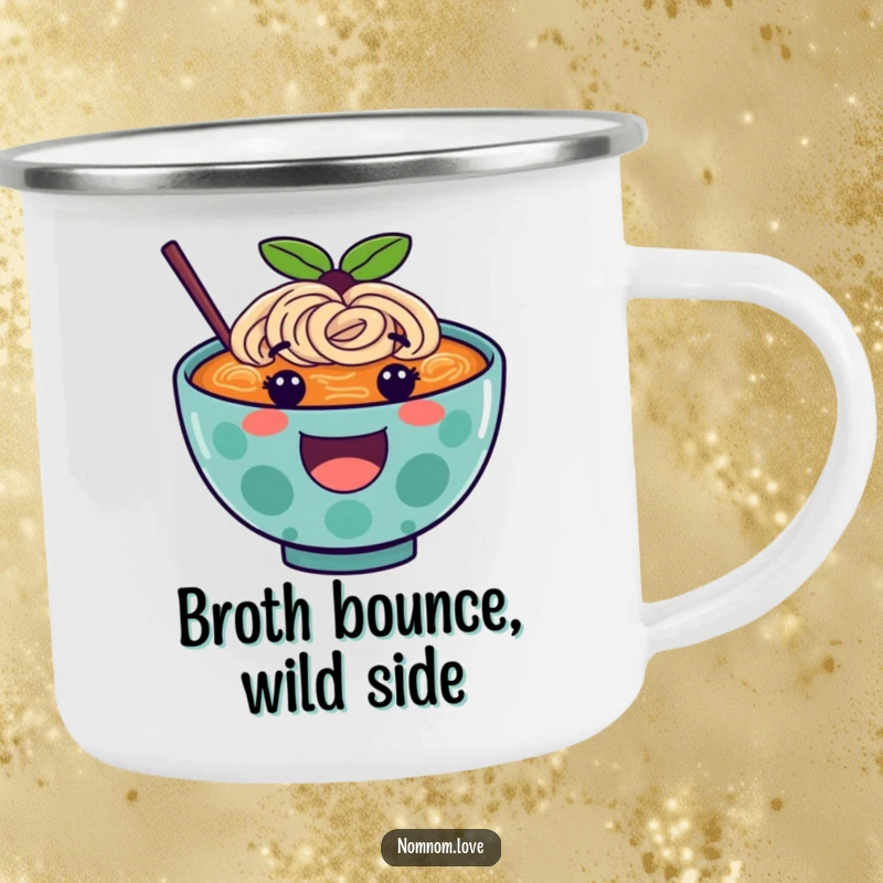 Funny ramen camping mug with a happy bouncing ramen bowl character, durable and fun for outdoor trips.
