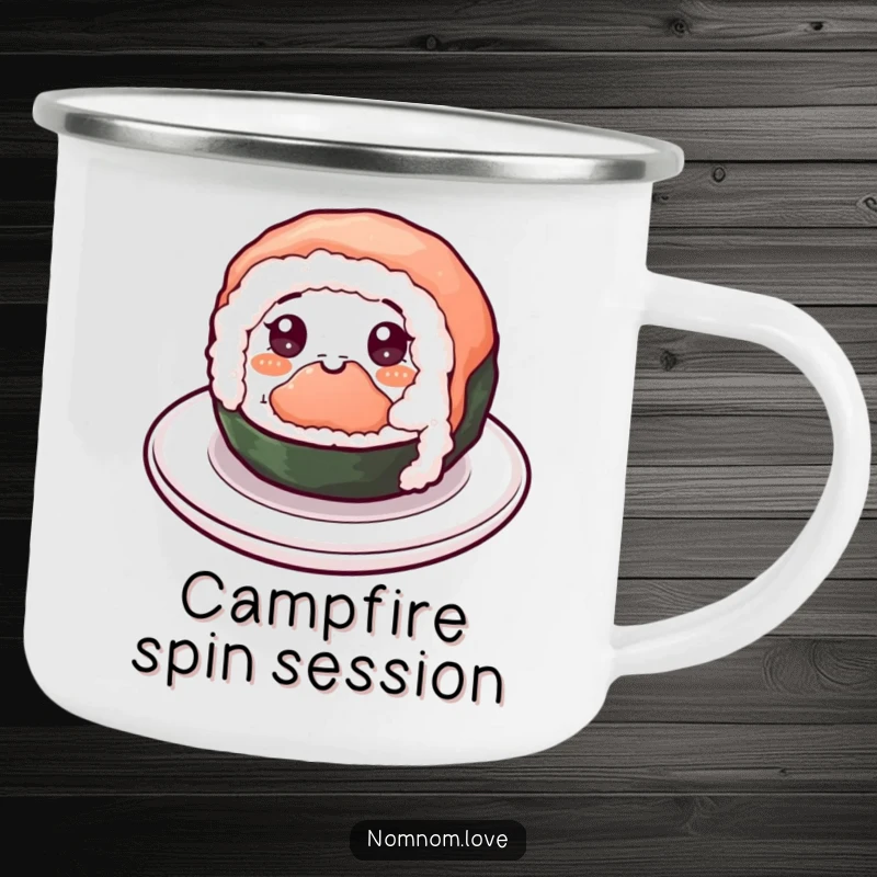 Funny Sushi Camping Mug: A cheerful sushi roll spins happily with eyes, a durable and funny companion for outdoor enjoyment.