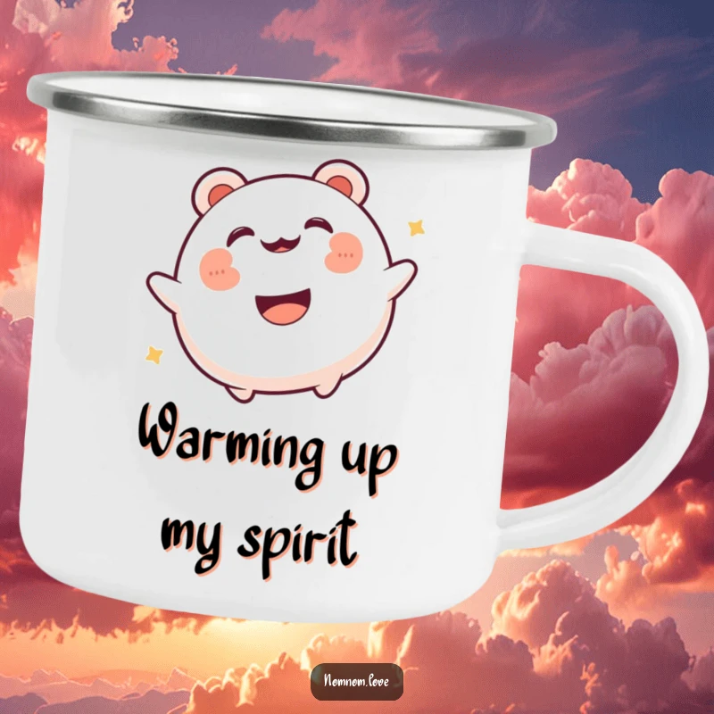 Funny gleeful bao bun bouncing energetically with a happy mouth. This camping mug adds food fun to outdoor adventures.