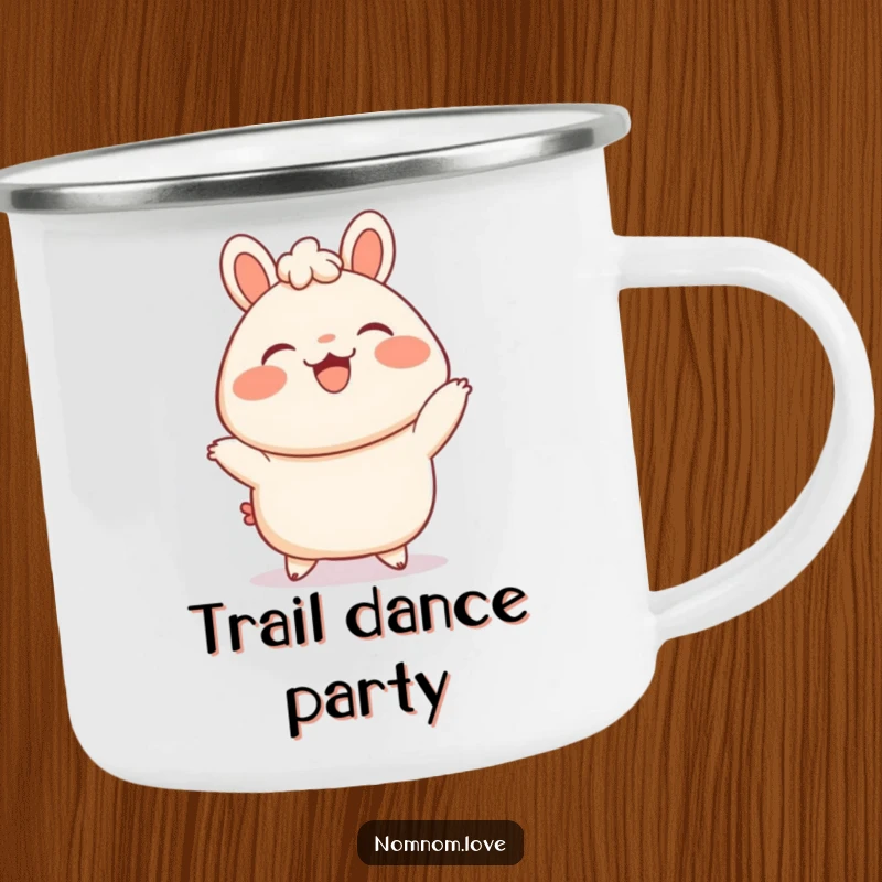Funny Bao Bun Camping Mug: A delighted bao bun dances with blushing cheeks, a durable and funny companion for outdoor enjoyment.