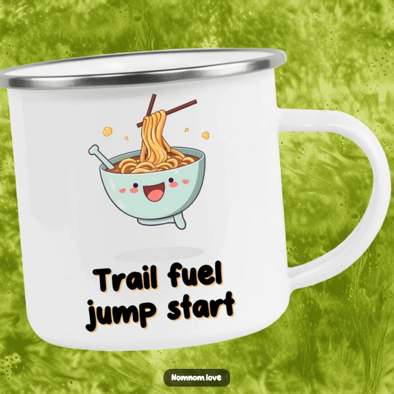 Funny Ramen Camping Mug: A joyful ramen bowl leaps with splashing broth, a durable and funny companion for your outdoor excursions.