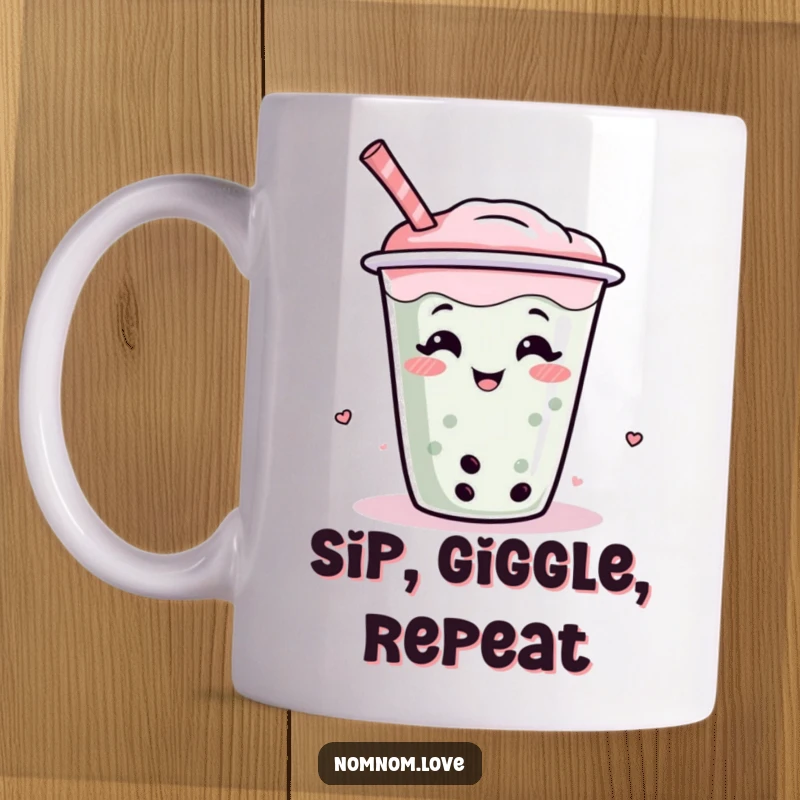 Funny boba tea mug with a happy, giggling character wiggling with delight, perfect for bubble tea fans.