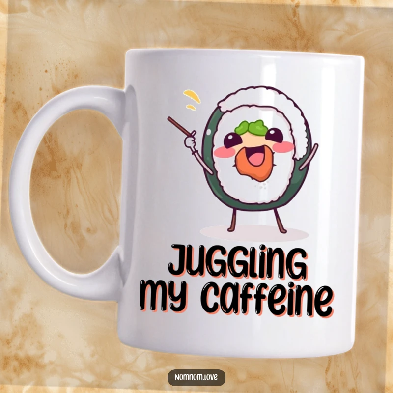 Funny sushi roll mug, joyfully juggling chopsticks, illustrating a cheerful and energetic foodie character with a humorous twist.