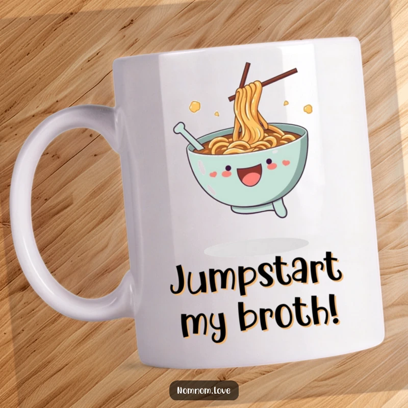 Funny Ramen Mug: A joyful bowl of ramen performs a hilarious leap, sending broth splashing in a delightful, energetic moment.
