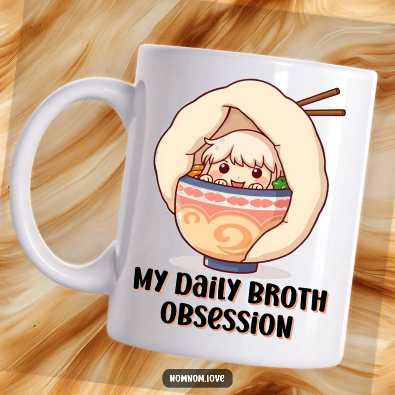 Funny ramen bowl character peeking shyly from behind a giant, delicious dumpling on a mug, exuding a playful and hungry vibe.