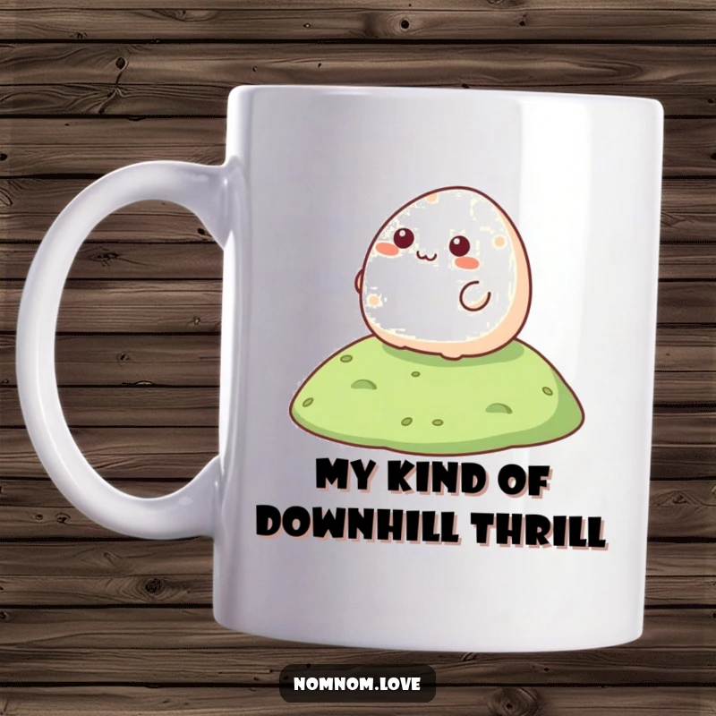 Funny Mochi Mug featuring a happy mochi character gleefully rolling down a hill, bringing joy and laughter.