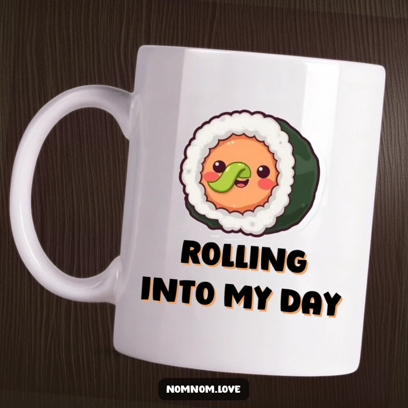 Funny joyful sushi roll with simple eyes happily rolling forward. This mug design captures adorable, edible adventure.