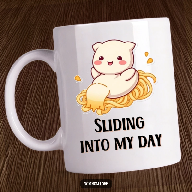 Funny dumpling mug, happily sliding down a noodle strand, embodying playful delight and culinary fun.