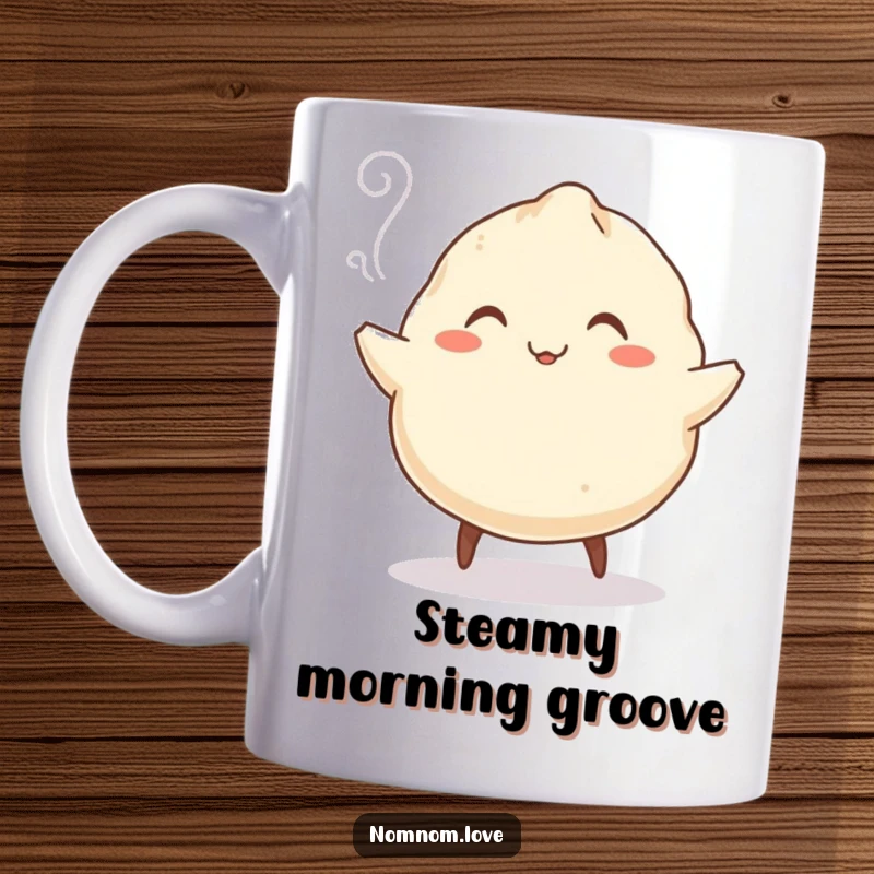 Funny Dumpling Mug: A smiling dumpling with tiny legs does a merry jig, steam rising, a delightful and humorous kitchen item.