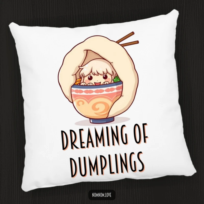 Funny ramen bowl character peeking from behind a giant dumpling on a plush pillow, providing comfort and a humorous touch to home decor.
