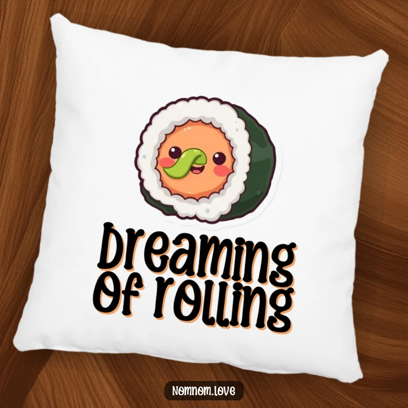 Funny joyful sushi roll with simple eyes rolling forward with a happy expression. This pillow offers comfort and delightful food-themed cheer.