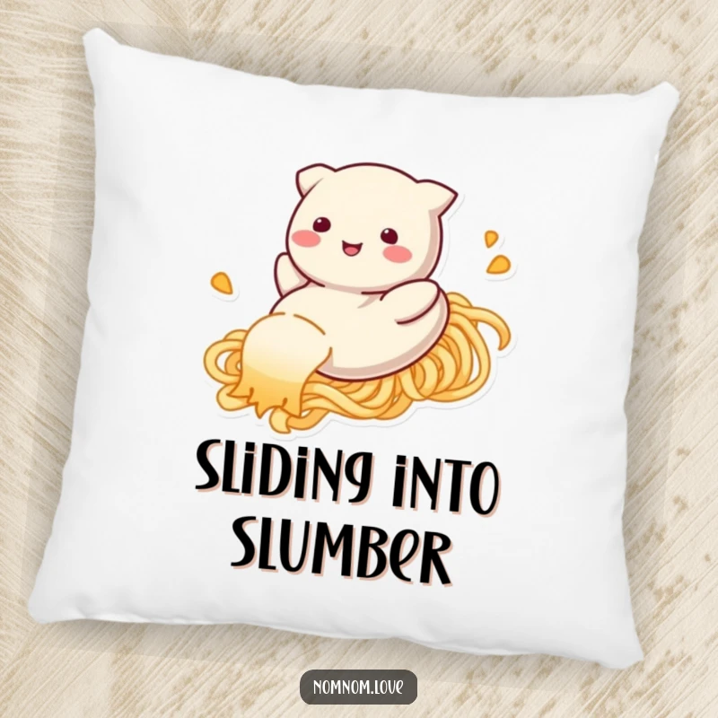 Funny dumpling pillow, happily sliding down a noodle strand, offering comfort and a touch of culinary humor.