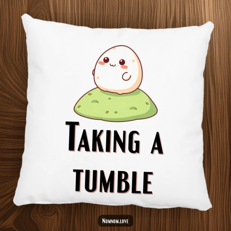 Funny Mochi Pillow with a smiling mochi character rolling happily down a slope, offering comfort and humor.