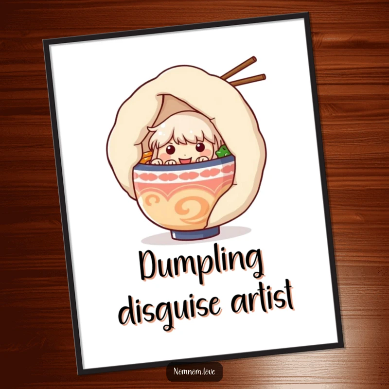 Funny ramen bowl character peeking from behind a large dumpling, optimized as a digital art print for whimsical and humorous home decoration.