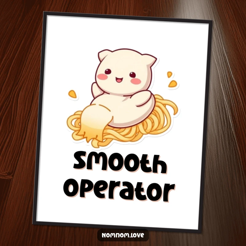 Funny dumpling digital art print, happily sliding down a noodle strand, offering instant culinary humor and charm.