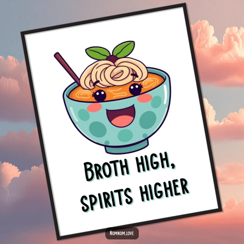 Funny ramen digital art print of a happy, bouncing ramen bowl character, perfect for vibrant and humorous wall art.