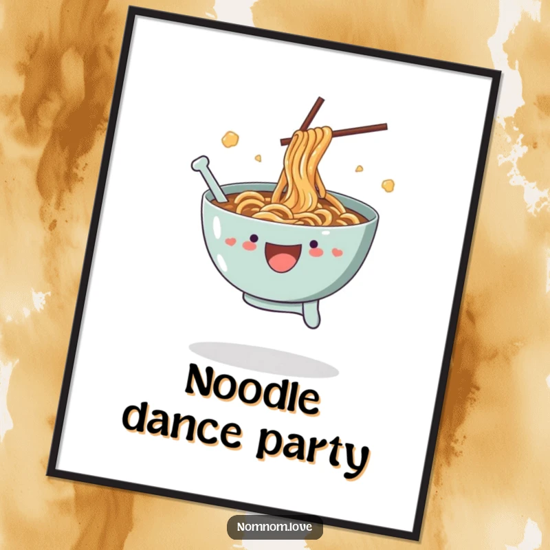 Funny Ramen Digital Art: A joyful ramen bowl leaps with splashing broth, a vibrant and hilarious illustration ready for instant download.