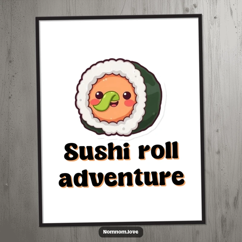 Funny joyful sushi roll with simple eyes rolling forward happily. This digital art print is pure edible delight and fun.