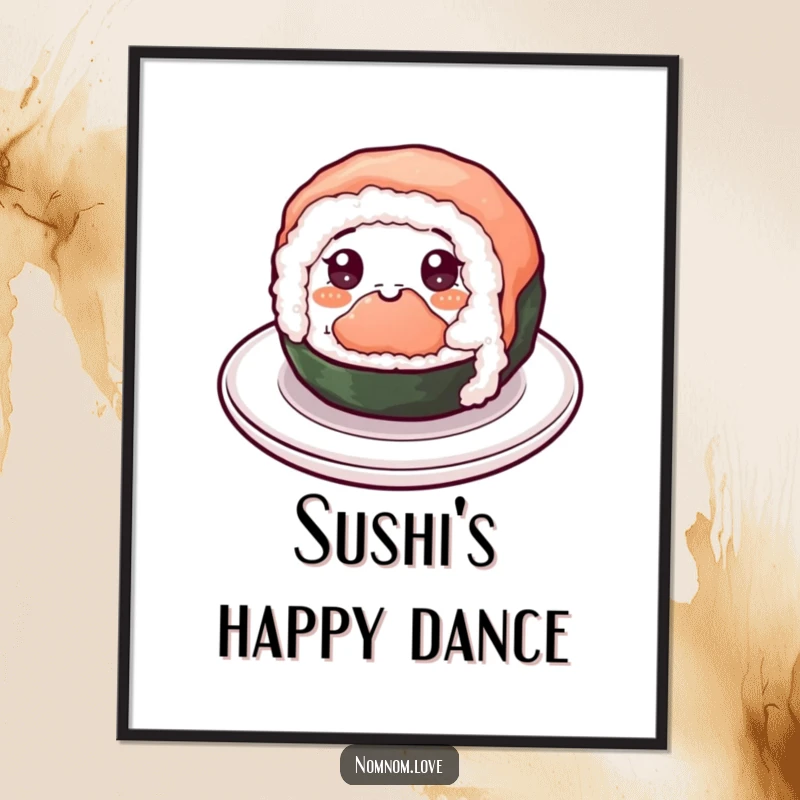 Funny Sushi Digital Art: A cheerful sushi roll spins happily with eyes, a hilarious and charming illustration for instant download.