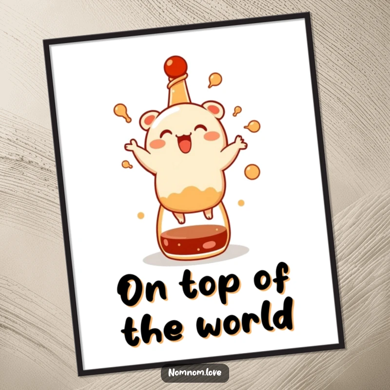 Funny bao bun digital art print, joyfully dancing on a soy sauce bottle, offering instant culinary humor and charm.