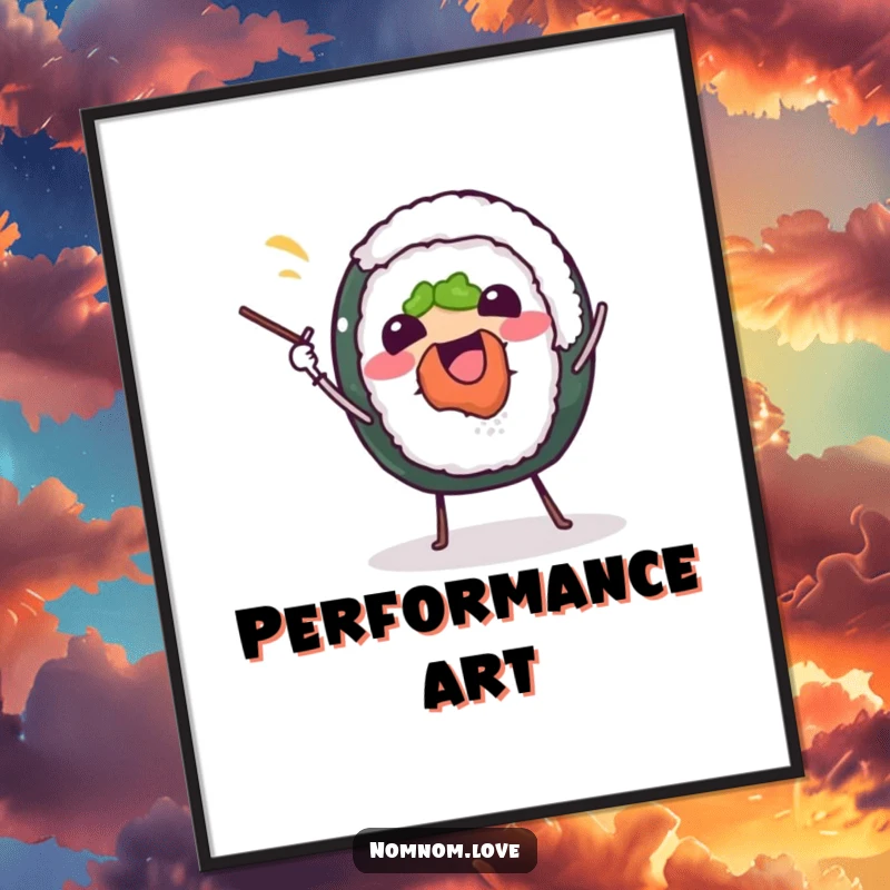 Funny sushi roll digital art print, joyfully juggling chopsticks, offering instant culinary humor and charm.