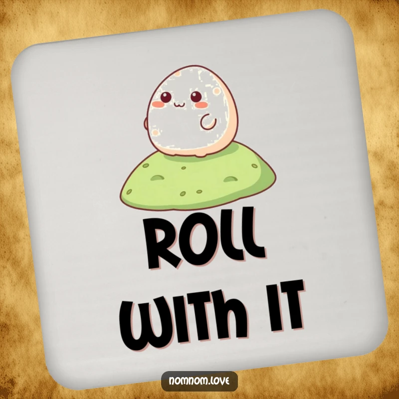 Funny Mochi Coaster featuring a happy mochi character rolling downhill, protecting surfaces with humor.