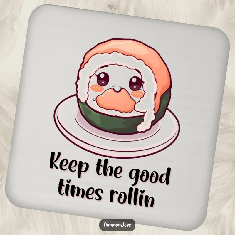 Funny Sushi Coaster: A cheerful sushi roll spins happily with eyes, a funny and functional coaster for any table setting.