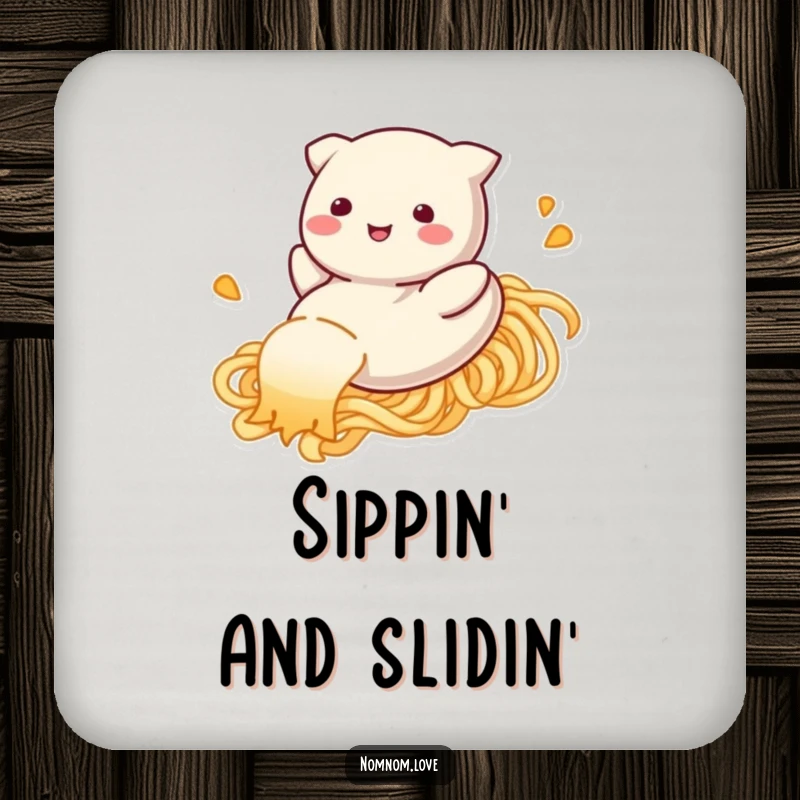 Funny dumpling drink coasters, happily sliding down a noodle strand, providing surface protection with adorable culinary humor.