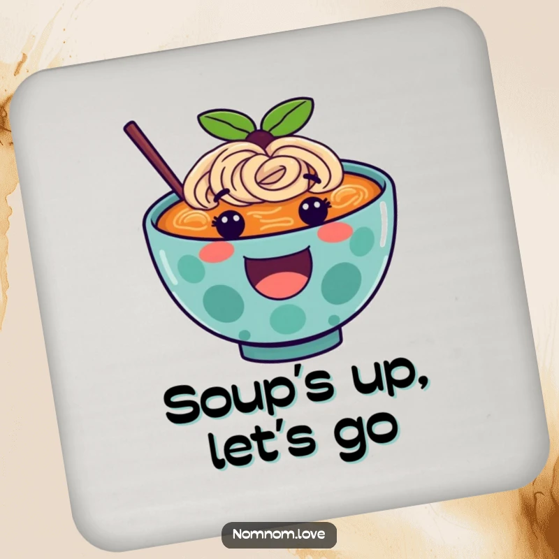 Funny ramen coaster displaying a happy, bouncing ramen bowl character, adding humor to drink protection.