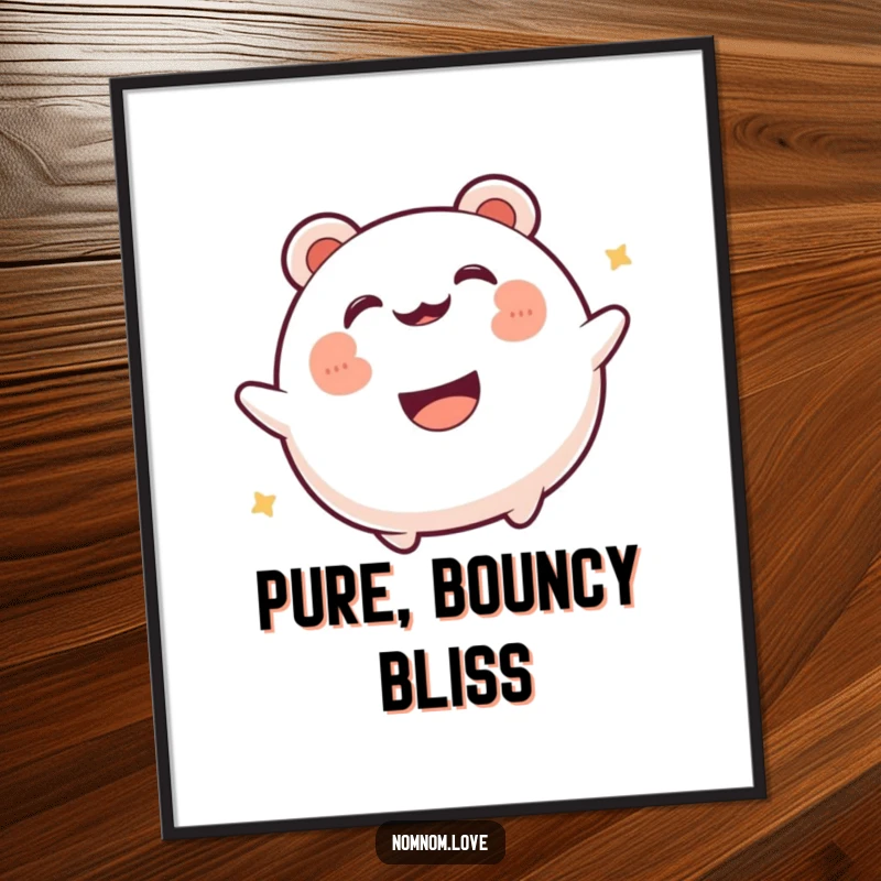 Funny gleeful bao bun bouncing with infectious energy and a big smile. This poster is wall art with a dose of edible fun.