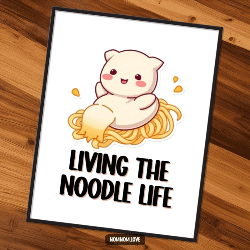 Funny dumpling poster, happily sliding down a noodle strand, a cheerful and humorous piece of food-themed wall art.