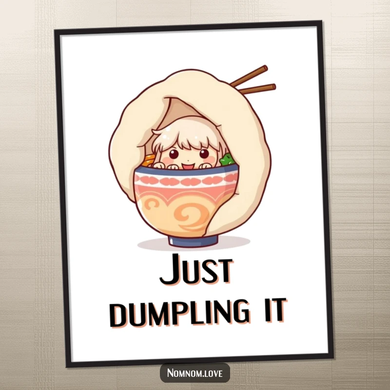 Funny ramen bowl character playfully peeking from behind a giant dumpling on a vibrant poster, bringing joy and laughter to any space.