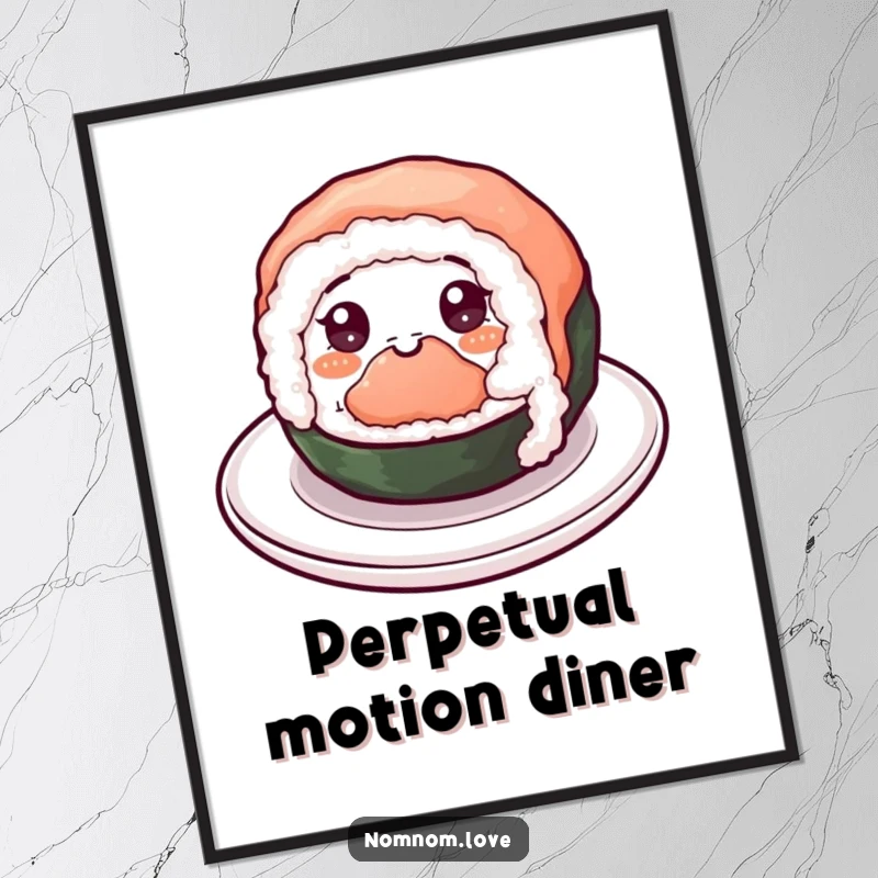 Funny Sushi Poster: A cheerful sushi roll with eyes happily spins, bringing vibrant, funny joy and energy to any wall.