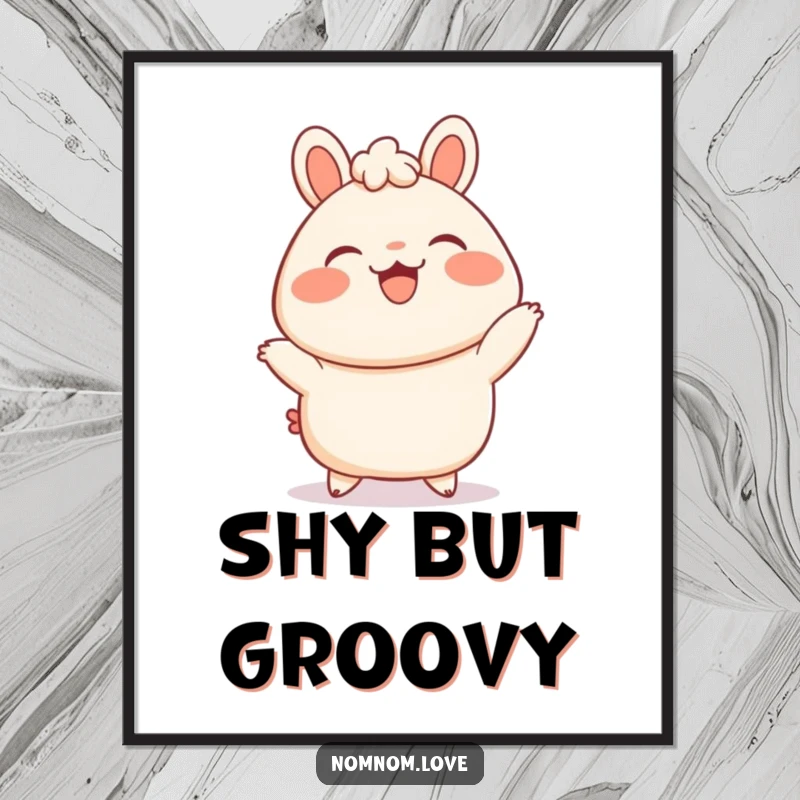 Funny Bao Bun Poster: A delighted bao bun with blushing cheeks dances, bringing vibrant, funny joy and cuteness to any wall.