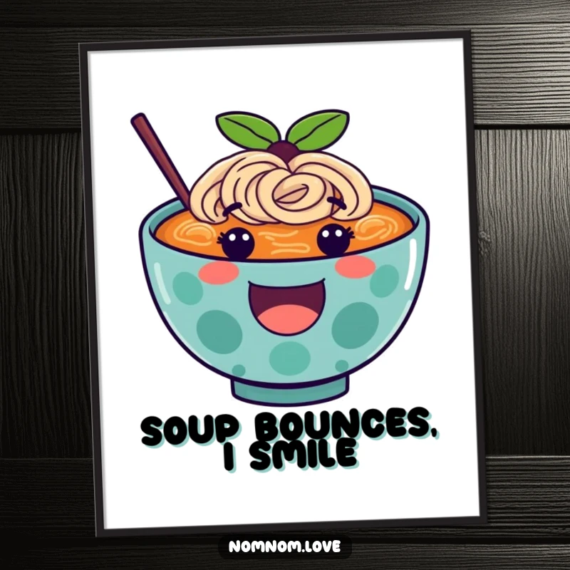 Funny ramen poster of a joyful ramen bowl character mid-bounce, adding a playful touch to wall decor.