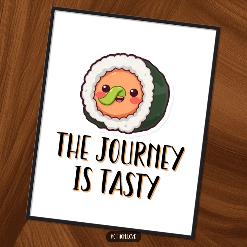 Funny joyful sushi roll with simple eyes rolling forward happily. This poster is wall art with a touch of edible charm.