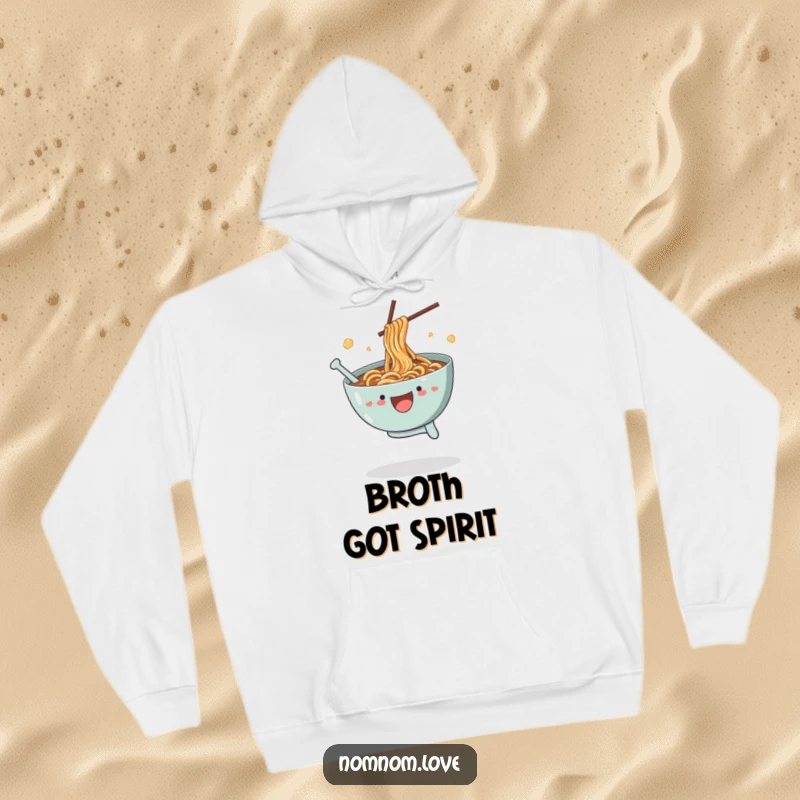 Funny Ramen Hoodie: A joyful ramen bowl splashes broth mid-leap, a hilarious and cozy sweatshirt for noodle aficionados.