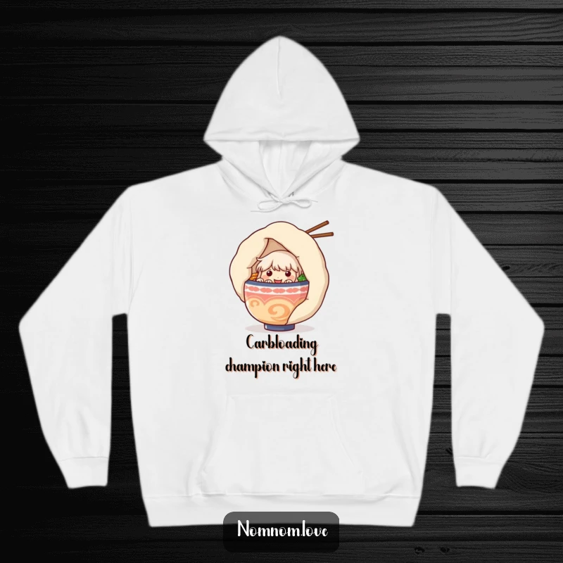 Funny ramen bowl character peeking from behind a large dumpling on a cozy hoodie, perfect for cold days and humorous food enthusiasts.