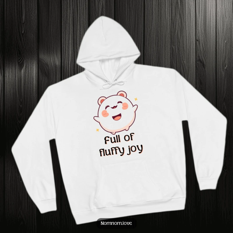 Funny gleeful bao bun in mid-bounce with a wide, happy smile. This hoodie brings warmth and delightful food-themed humor.