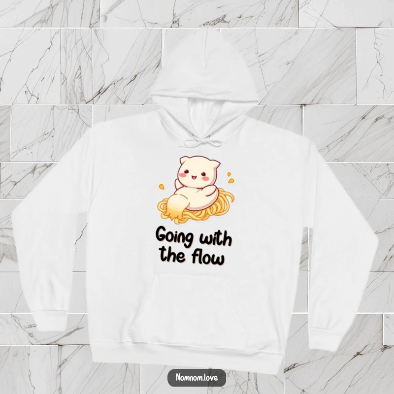 Funny dumpling hoodie, happily sliding down a noodle strand, for ultimate warmth and culinary humor.