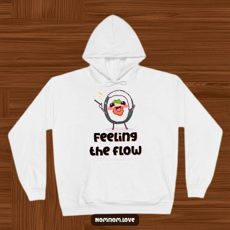 Funny sushi roll hoodie, joyfully juggling chopsticks, showcasing a happy food character for ultimate warmth and humor.