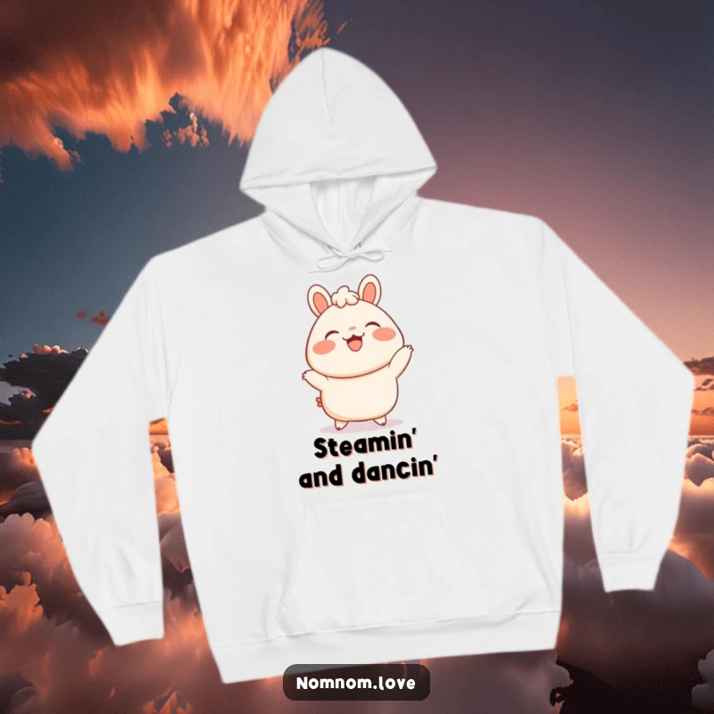 Funny Bao Bun Hoodie: A delighted bao bun dances with blushing cheeks, a cozy and hilarious sweatshirt for food lovers.