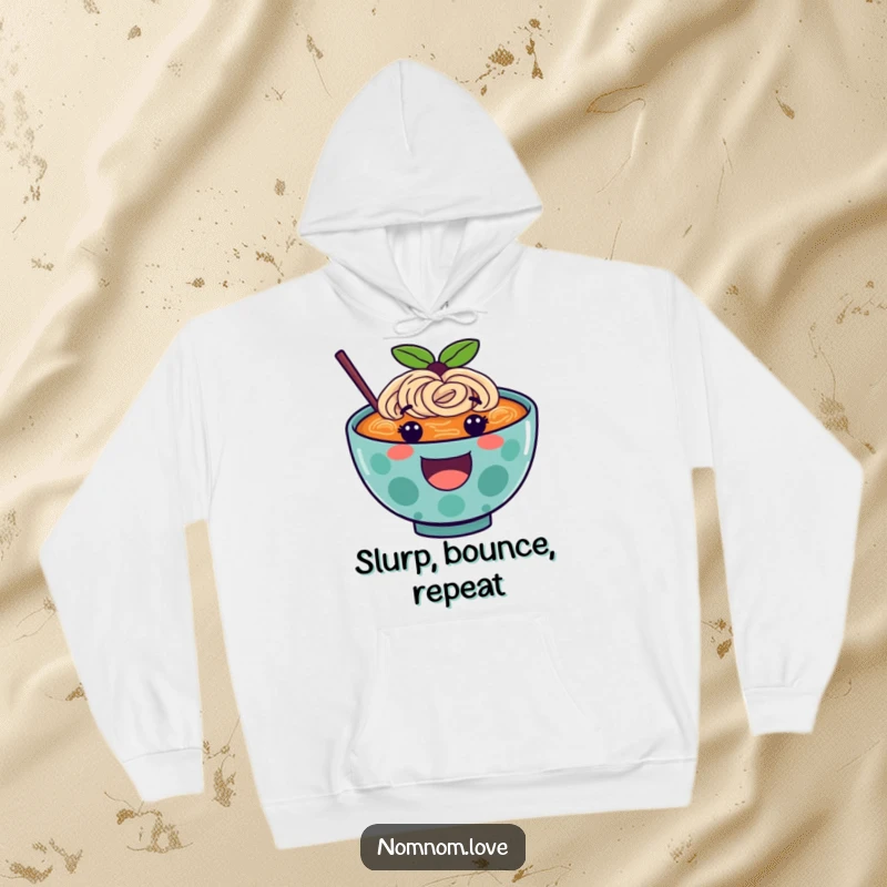 Funny ramen hoodie showcasing a happy, bouncing ramen bowl character, offering warmth and humor for fans.