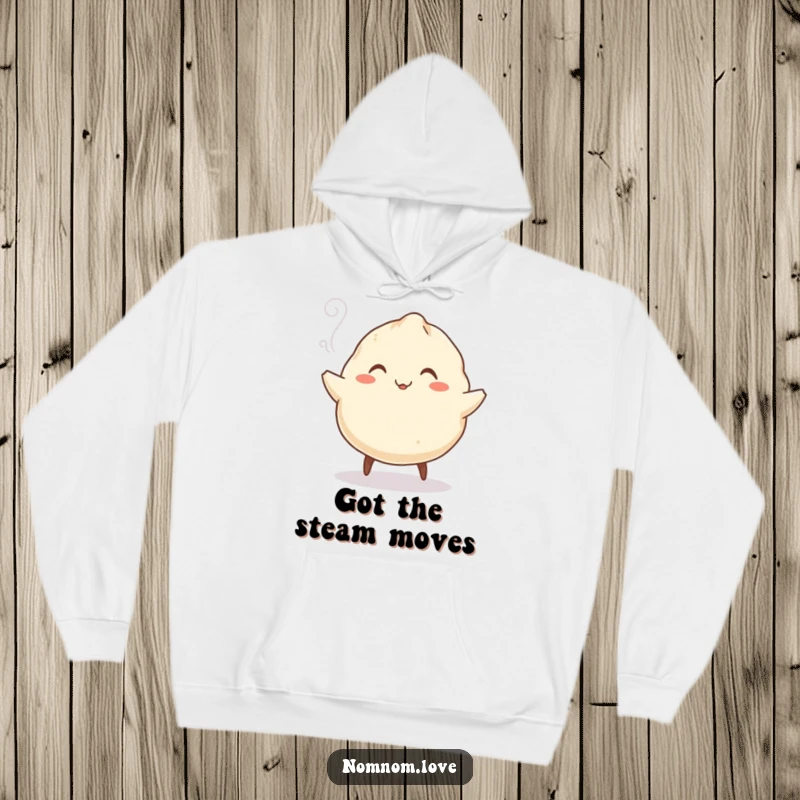 Funny Dumpling Hoodie: A smiling dumpling does a merry jig with rising steam, a cozy and hilarious sweatshirt for food lovers.