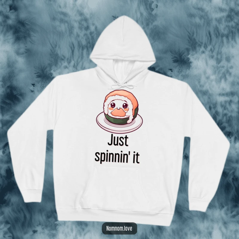 Funny Sushi Hoodie: A cheerful sushi roll spins happily with eyes, a cozy and hilarious sweatshirt for sushi lovers.