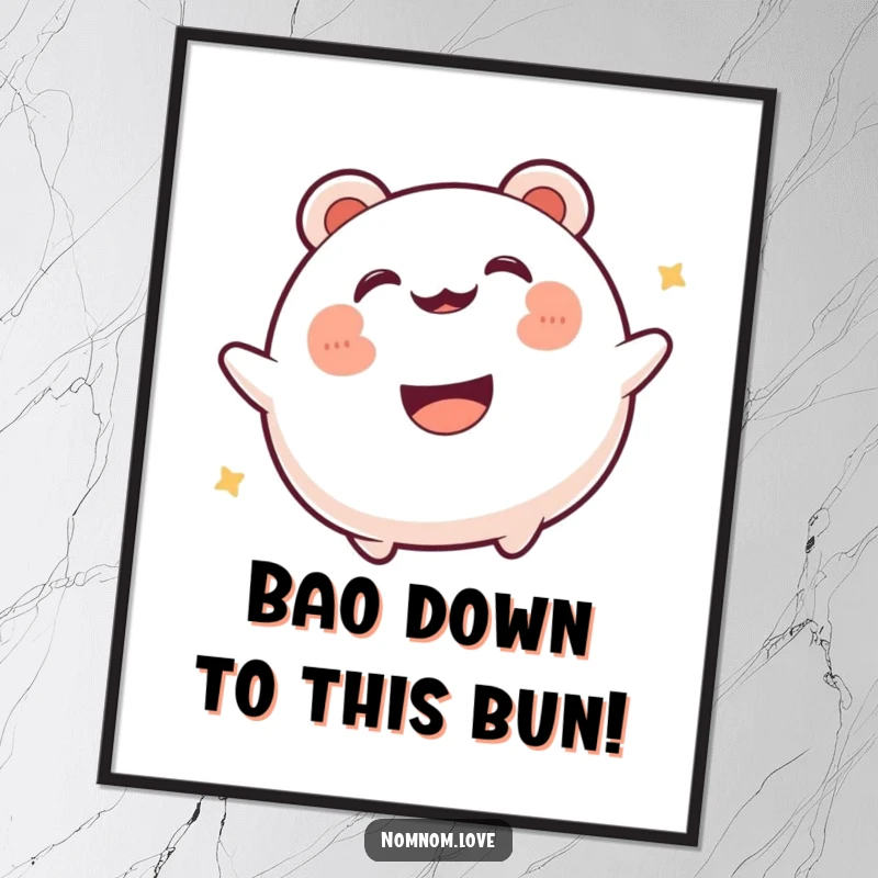 Funny Free Printable Wall Art: A gleeful bao bun with a happy mouth bounces energetically, spreading cheer.