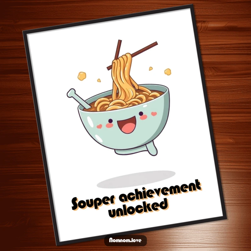 Funny Free Printable Wall Art: Joyful ramen bowl leaping playfully, broth splashing, making a statement